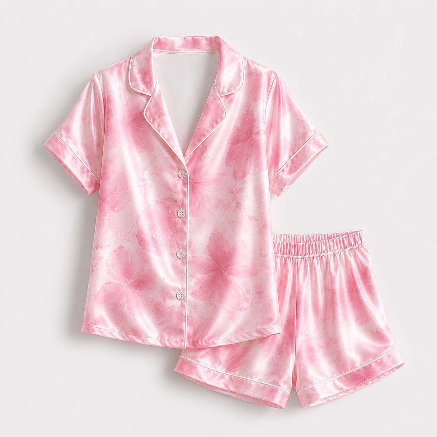 PJ-436-Pink Watercolor Floral Pattern Satin Button Down Sleepwear Bridesmaid Lounge Luxury Women Pajama Set