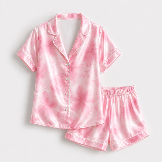 PJ-436-Pink Watercolor Floral Pattern Satin Button Down Sleepwear Bridesmaid Lounge Luxury Women Pajama Set