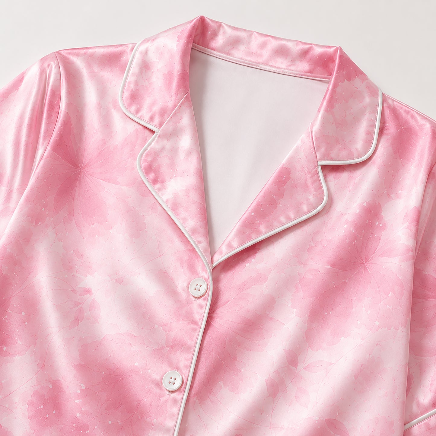 PJ-436-Pink Watercolor Floral Pattern Satin Button Down Sleepwear Bridesmaid Lounge Luxury Women Pajama Set