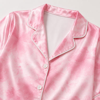 PJ-436-Pink Watercolor Floral Pattern Satin Button Down Sleepwear Bridesmaid Lounge Luxury Women Pajama Set