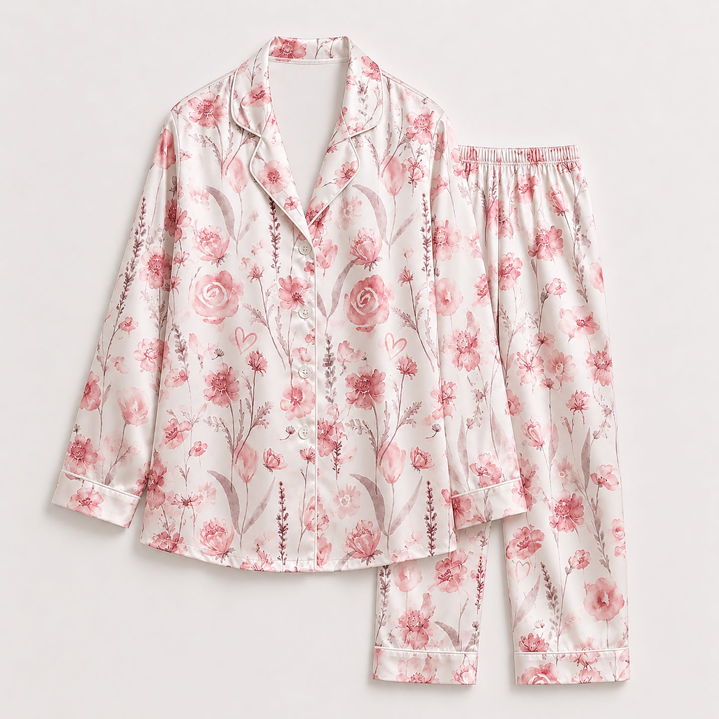 PJ-437-Romantic Pink Botanical Flower Print White Satin Button Front Bridesmaid Sleepwear Lounge Pajama Set