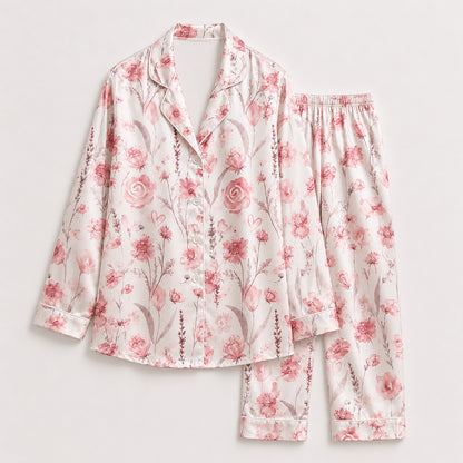 PJ-437-Romantic Pink Botanical Flower Print White Satin Button Front Bridesmaid Sleepwear Lounge Pajama Set