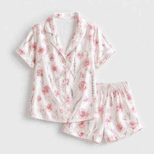 PJ-437-Romantic Pink Botanical Flower Print White Satin Button Front Bridesmaid Sleepwear Lounge Pajama Set