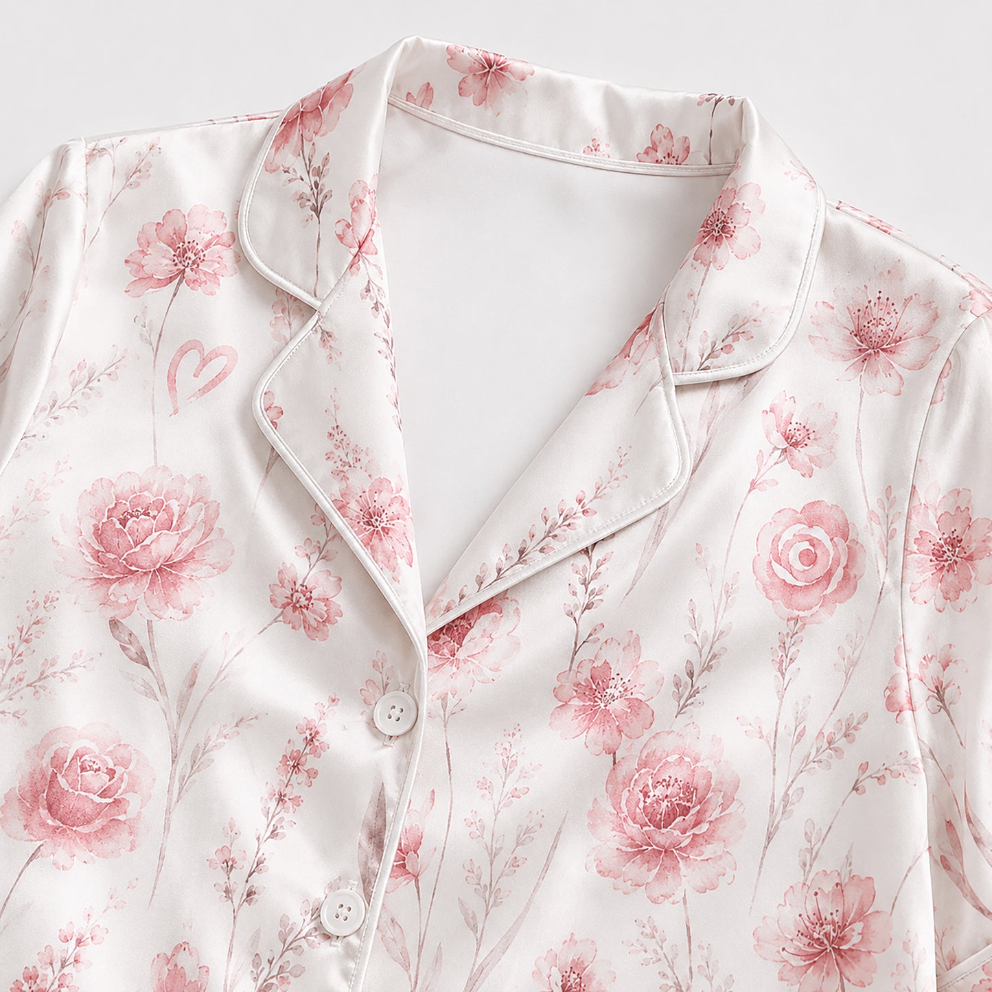 PJ-437-Romantic Pink Botanical Flower Print White Satin Button Front Bridesmaid Sleepwear Lounge Pajama Set