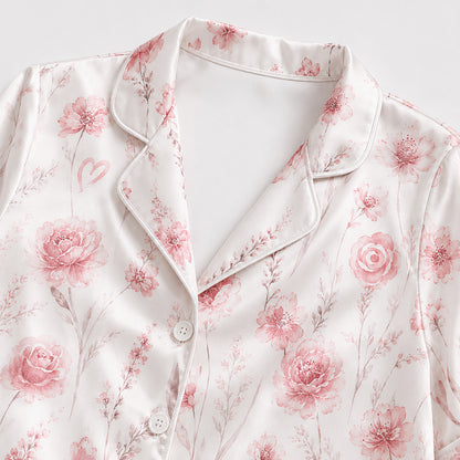PJ-437-Romantic Pink Botanical Flower Print White Satin Button Front Bridesmaid Sleepwear Lounge Pajama Set