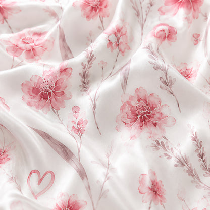 PJ-437-Romantic Pink Botanical Flower Print White Satin Button Front Bridesmaid Sleepwear Lounge Pajama Set