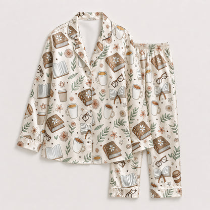 PJ-438-Cozy Book And Coffee Print Cream Satin Button Down Sleepwear Pajama Lounge Matching Set