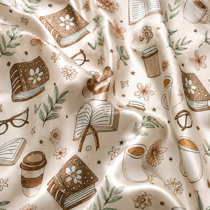 PJ-438-Cozy Book And Coffee Print Cream Satin Button Down Sleepwear Pajama Lounge Matching Set