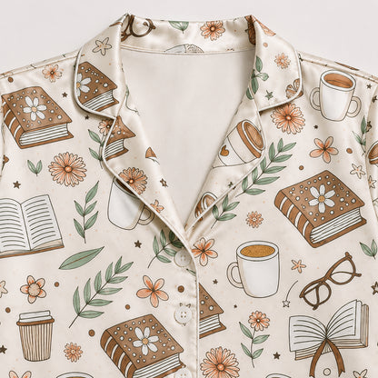 PJ-438-Cozy Book And Coffee Print Cream Satin Button Down Sleepwear Pajama Lounge Matching Set