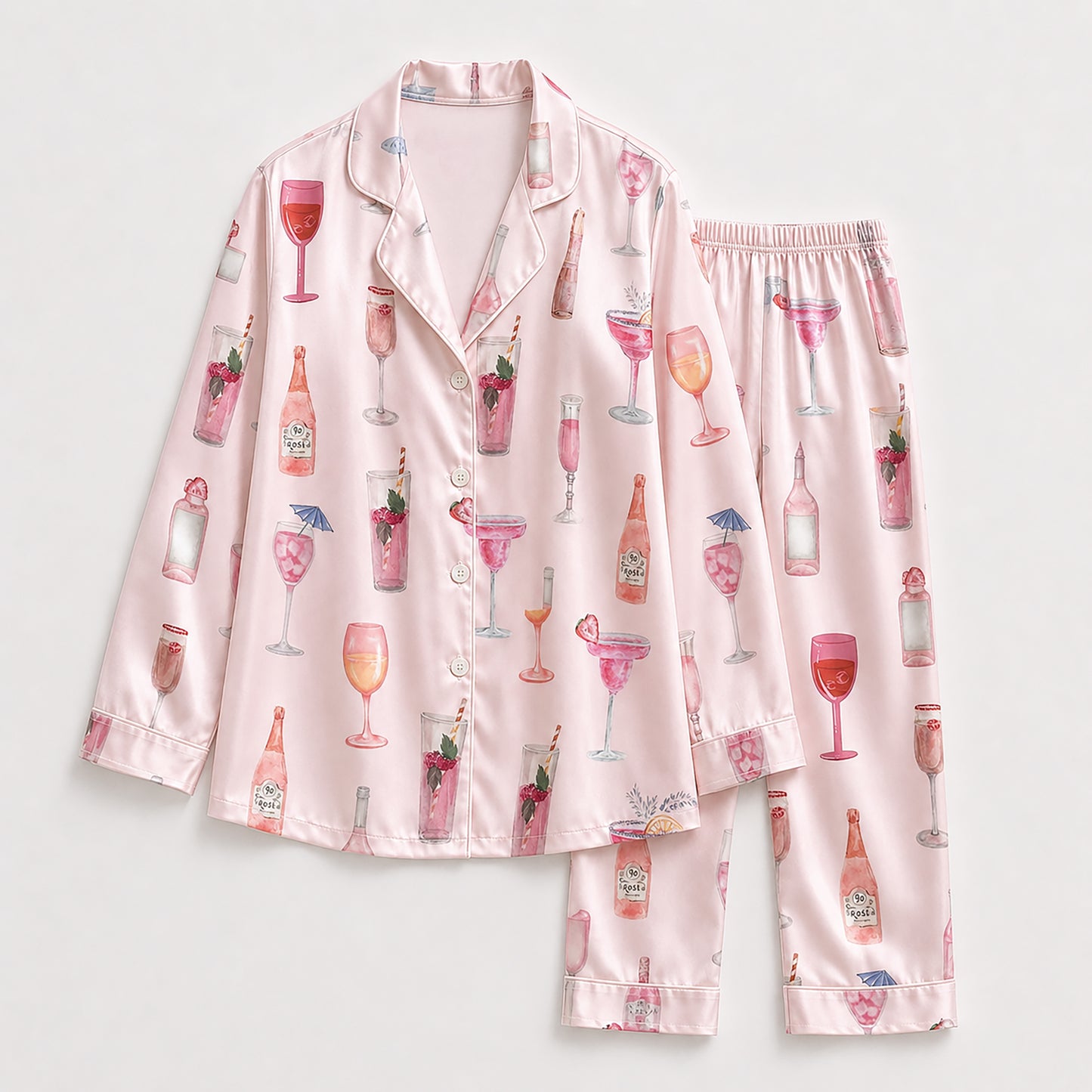 PJ-439-Blush Pink Satin Button Down Pajama Lounge Set With Watercolor Cocktail And Champagne Prints