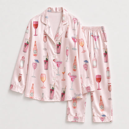 PJ-439-Blush Pink Satin Button Down Pajama Lounge Set With Watercolor Cocktail And Champagne Prints
