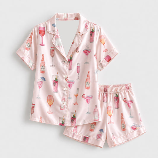 PJ-439-Blush Pink Satin Button Down Pajama Lounge Set With Watercolor Cocktail And Champagne Prints