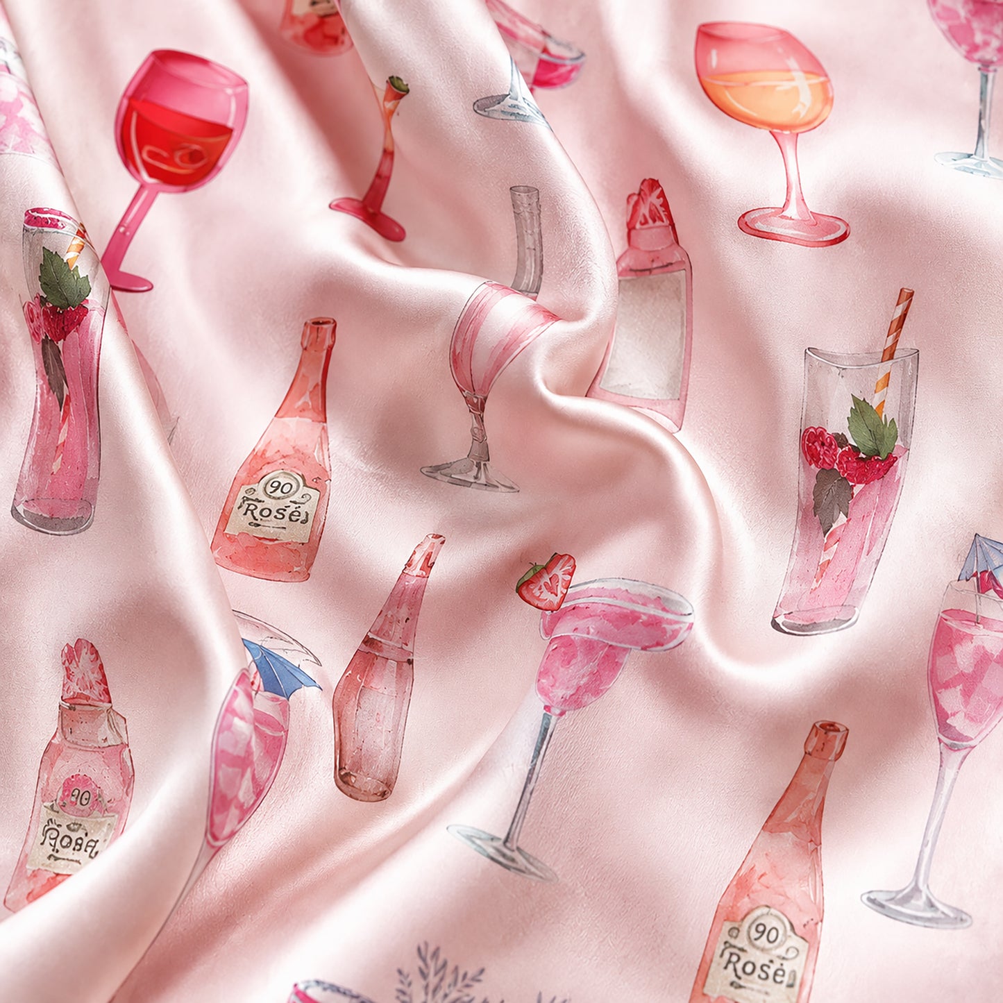 PJ-439-Blush Pink Satin Button Down Pajama Lounge Set With Watercolor Cocktail And Champagne Prints
