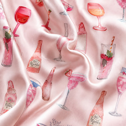 PJ-439-Blush Pink Satin Button Down Pajama Lounge Set With Watercolor Cocktail And Champagne Prints
