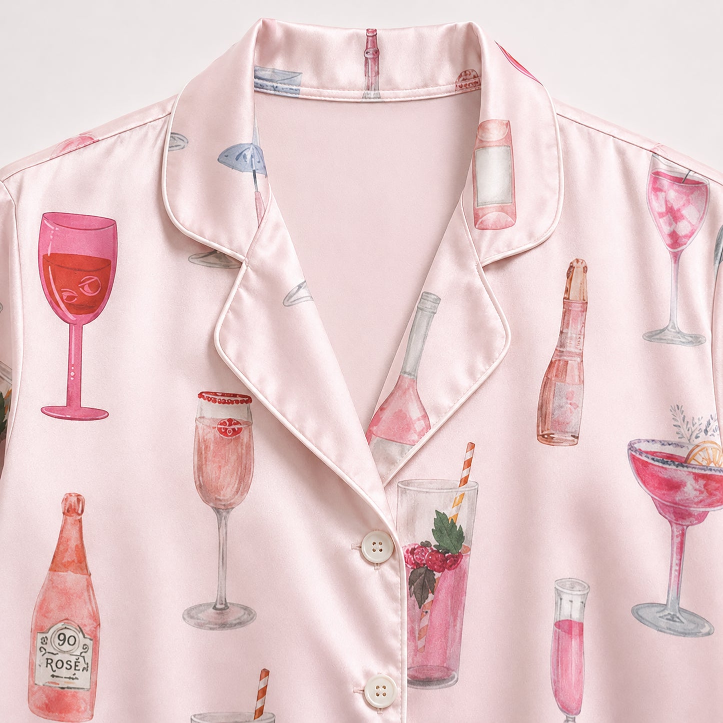 PJ-439-Blush Pink Satin Button Down Pajama Lounge Set With Watercolor Cocktail And Champagne Prints