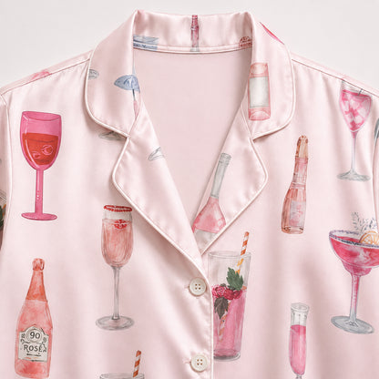 PJ-439-Blush Pink Satin Button Down Pajama Lounge Set With Watercolor Cocktail And Champagne Prints