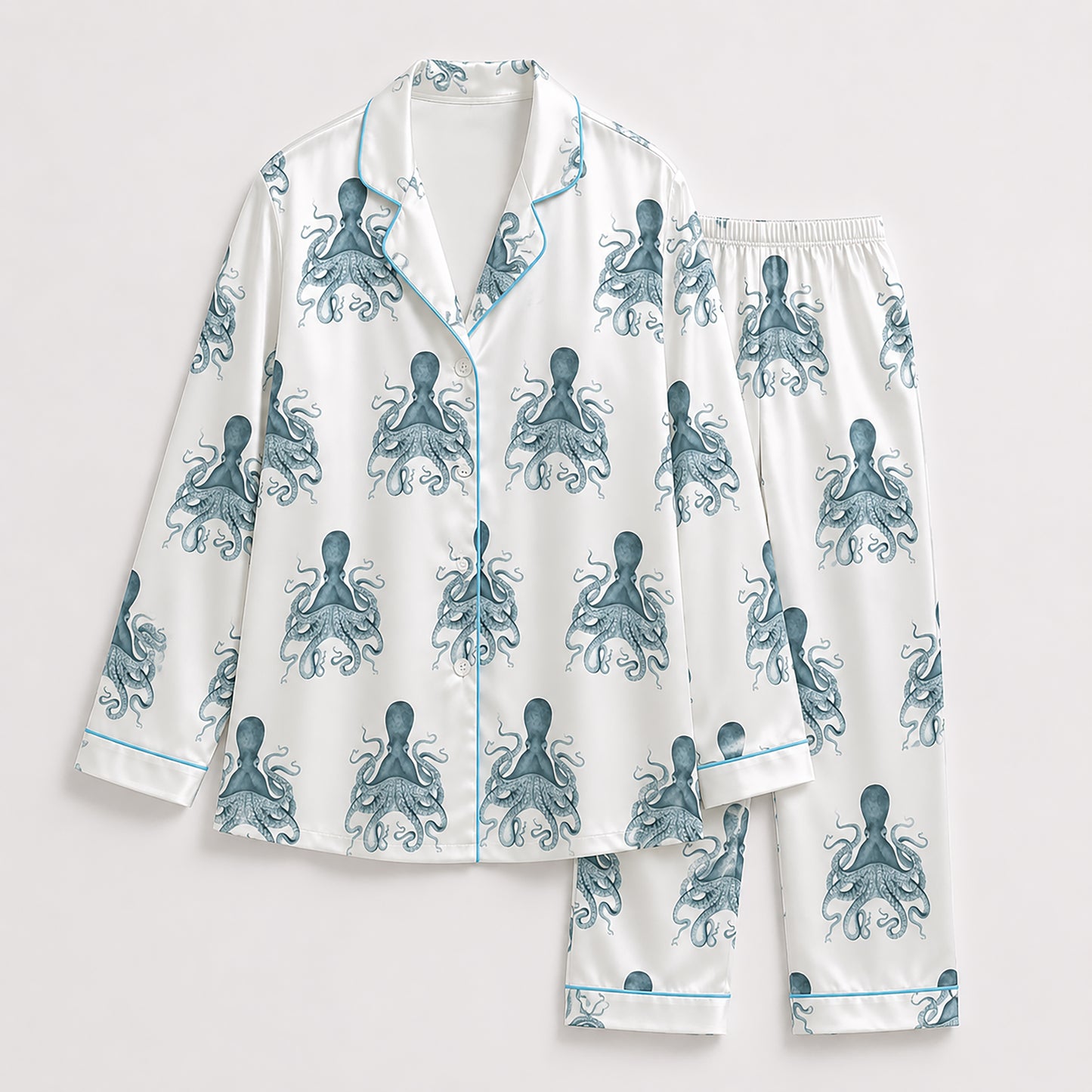 PJ-440-Premium Nautical Octopus Print White Satin Button Down Sleepwear Pajama Lounge Coordinate Apparel Set