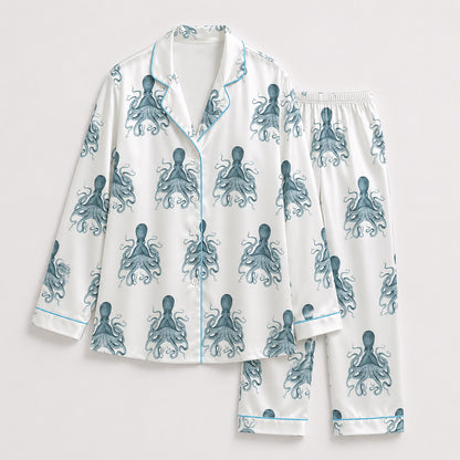 PJ-440-Premium Nautical Octopus Print White Satin Button Down Sleepwear Pajama Lounge Coordinate Apparel Set