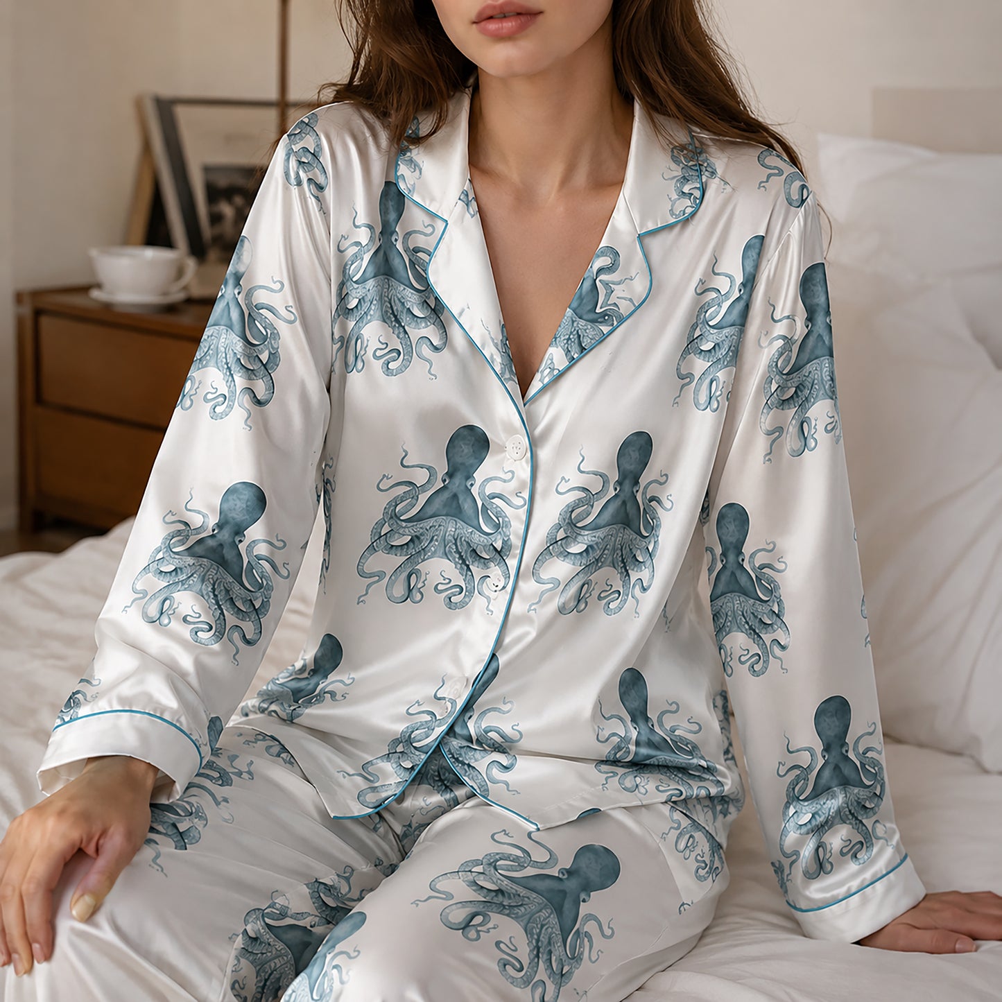 PJ-440-Premium Nautical Octopus Print White Satin Button Down Sleepwear Pajama Lounge Coordinate Apparel Set