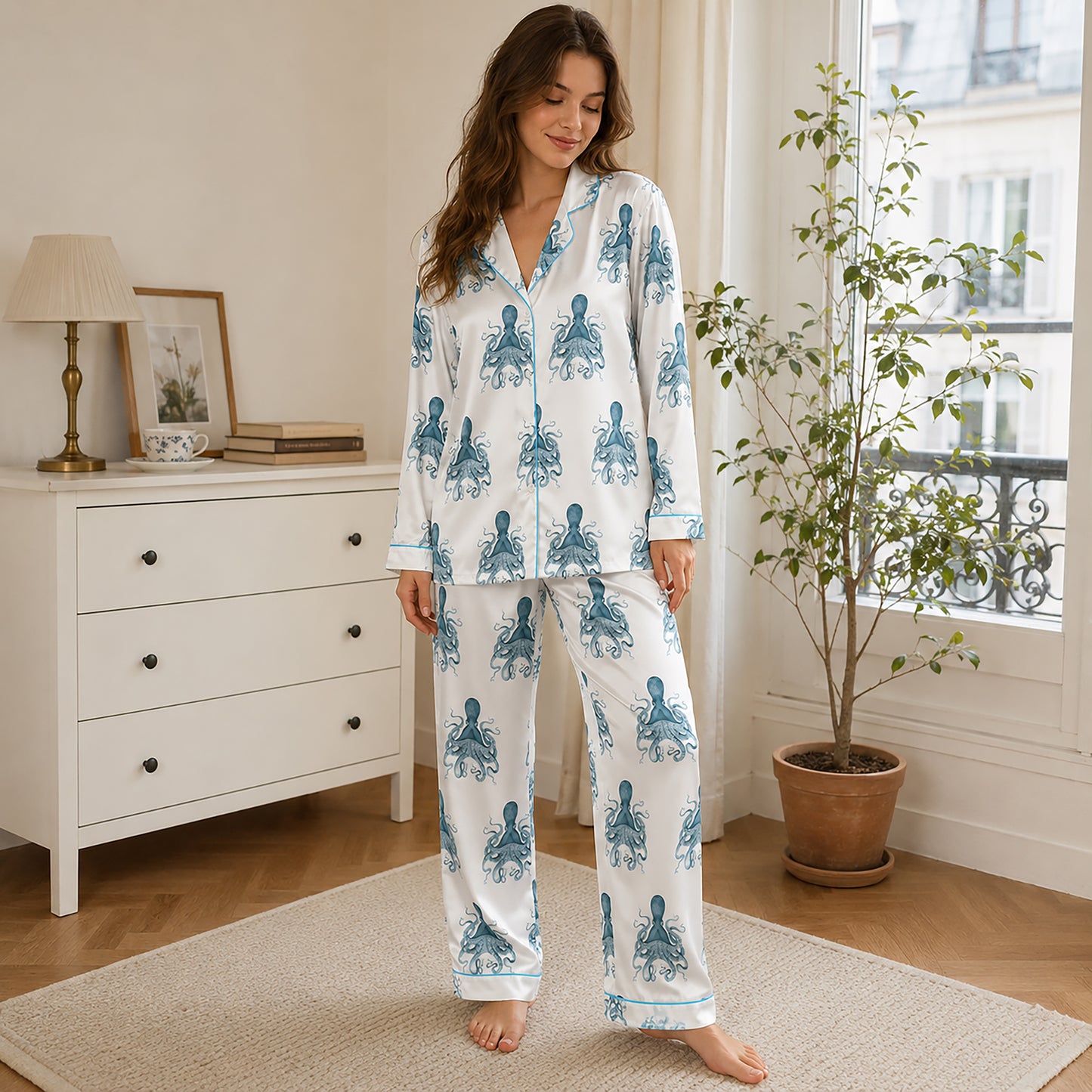PJ-440-Premium Nautical Octopus Print White Satin Button Down Sleepwear Pajama Lounge Coordinate Apparel Set