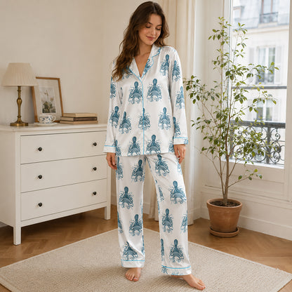 PJ-440-Premium Nautical Octopus Print White Satin Button Down Sleepwear Pajama Lounge Coordinate Apparel Set