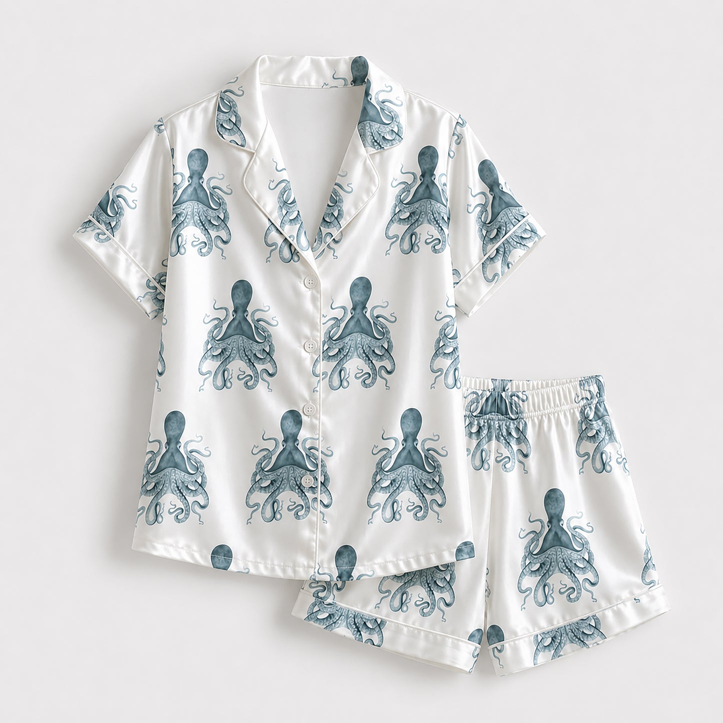 PJ-440-Premium Nautical Octopus Print White Satin Button Down Sleepwear Pajama Lounge Coordinate Apparel Set