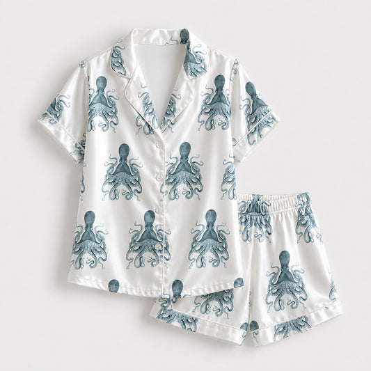 PJ-440-Premium Nautical Octopus Print White Satin Button Down Sleepwear Pajama Lounge Coordinate Apparel Set