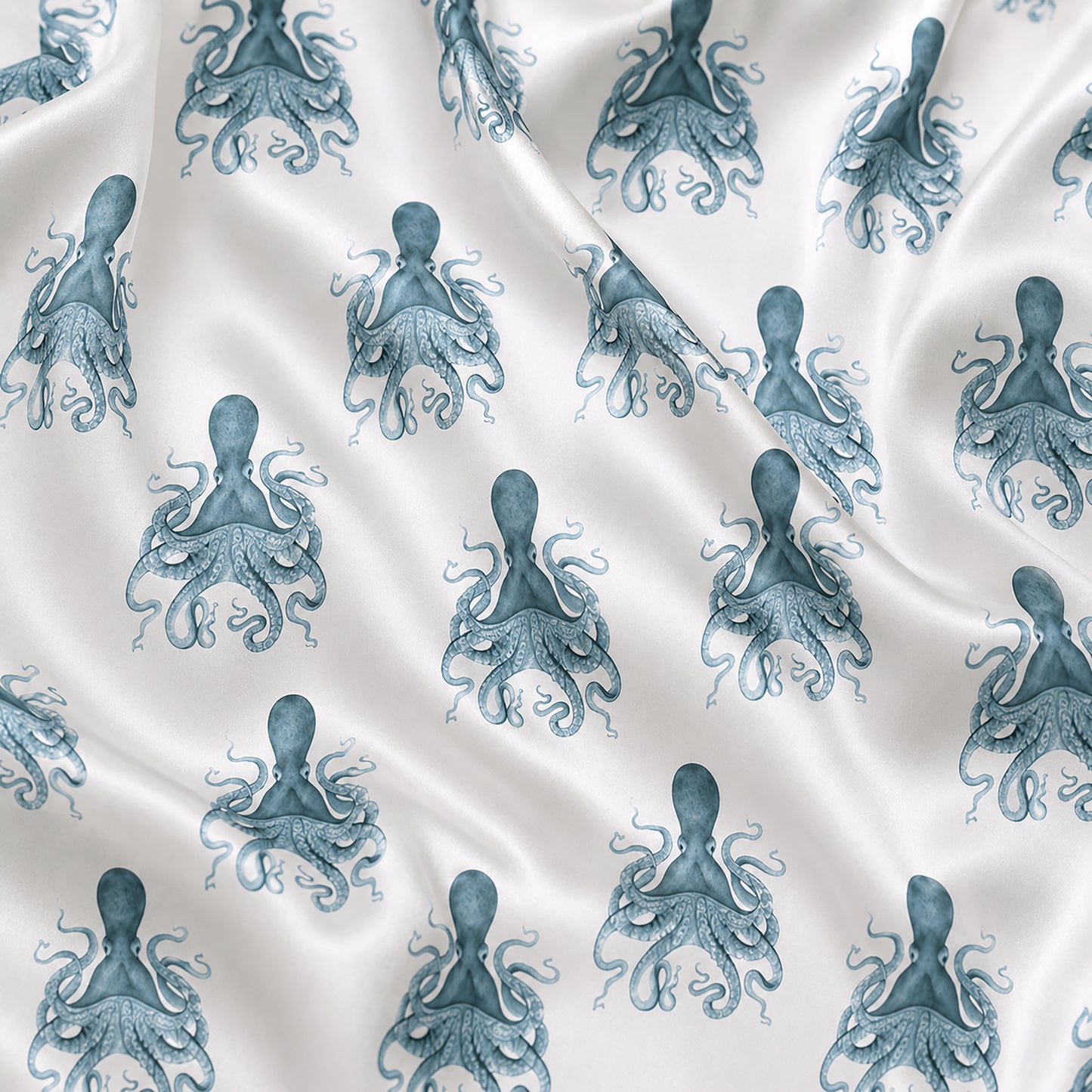 PJ-440-Premium Nautical Octopus Print White Satin Button Down Sleepwear Pajama Lounge Coordinate Apparel Set