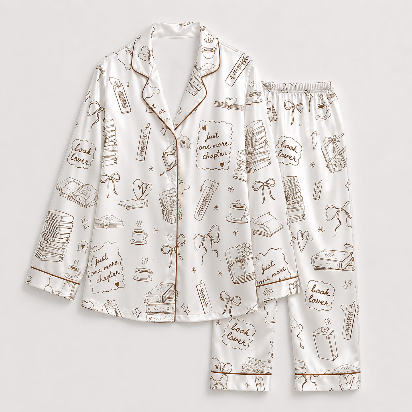 PJ-441-Literary Book Lover Line Art Motif White Satin Button Down Sleepwear Pajama Lounge Set