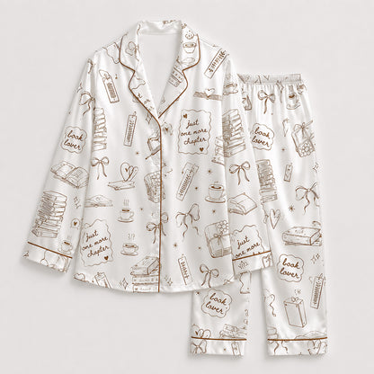 PJ-441-Literary Book Lover Line Art Motif White Satin Button Down Sleepwear Pajama Lounge Set