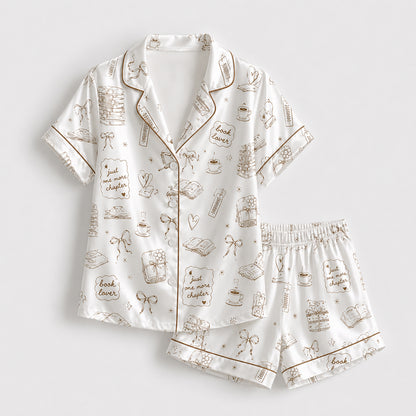PJ-441-Literary Book Lover Line Art Motif White Satin Button Down Sleepwear Pajama Lounge Set