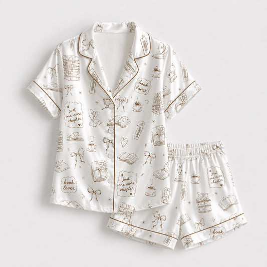 PJ-441-Literary Book Lover Line Art Motif White Satin Button Down Sleepwear Pajama Lounge Set