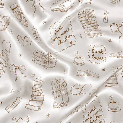 PJ-441-Literary Book Lover Line Art Motif White Satin Button Down Sleepwear Pajama Lounge Set