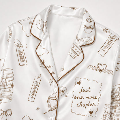 PJ-441-Literary Book Lover Line Art Motif White Satin Button Down Sleepwear Pajama Lounge Set