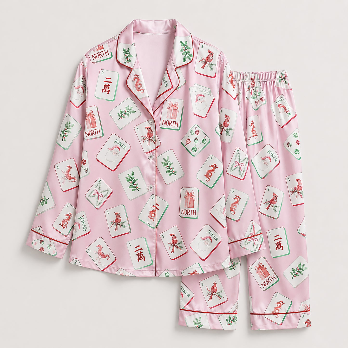 PJ-442-Festive Holiday Christmas Mahjong Tile Print Pink Satin Button Down Sleepwear Pajama Lounge Set