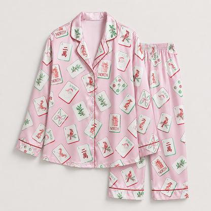 PJ-442-Festive Holiday Christmas Mahjong Tile Print Pink Satin Button Down Sleepwear Pajama Lounge Set