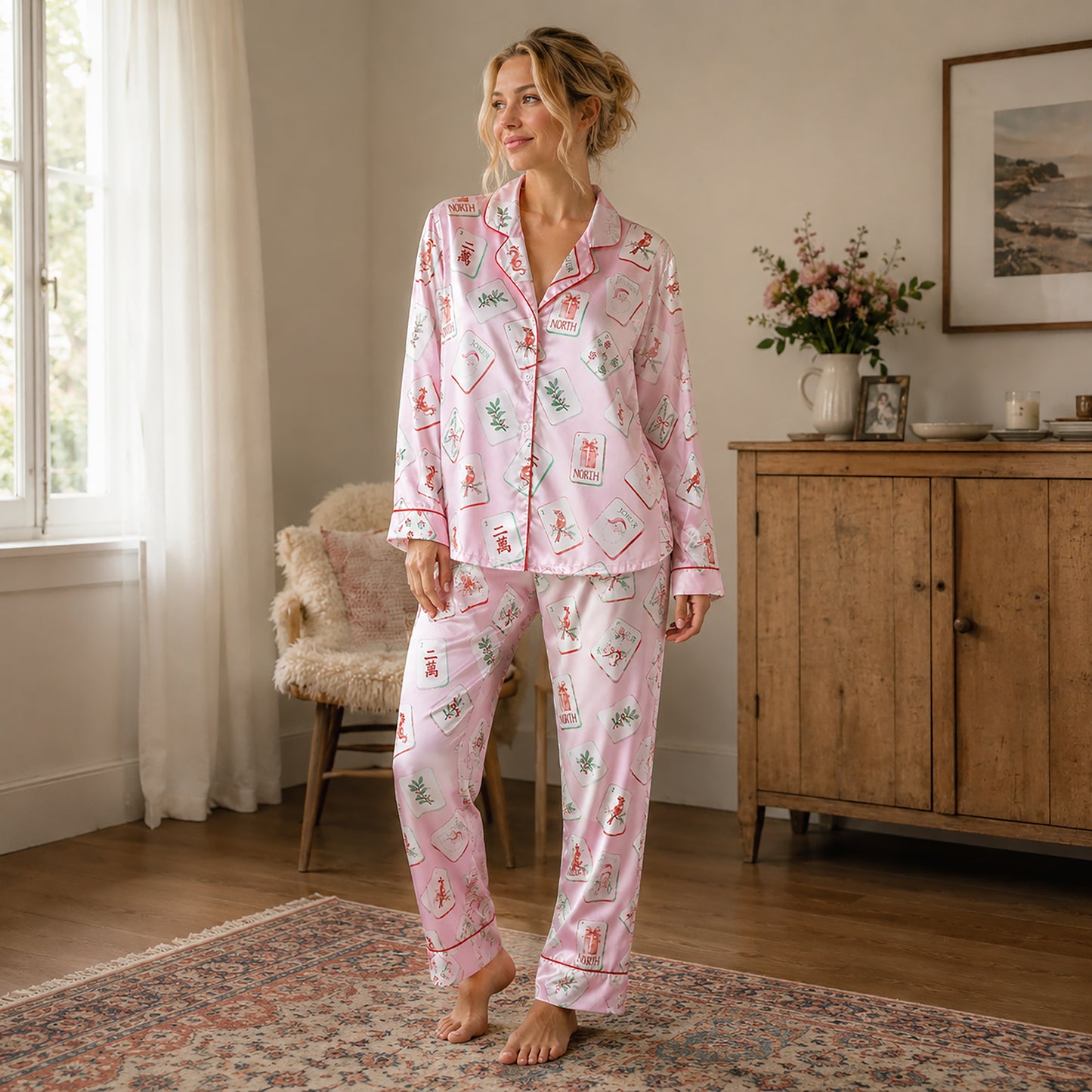 PJ-442-Festive Holiday Christmas Mahjong Tile Print Pink Satin Button Down Sleepwear Pajama Lounge Set
