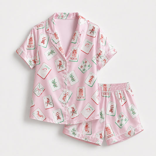 PJ-442-Festive Holiday Christmas Mahjong Tile Print Pink Satin Button Down Sleepwear Pajama Lounge Set