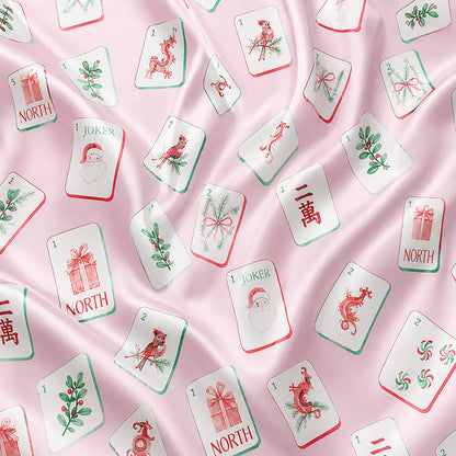 PJ-442-Festive Holiday Christmas Mahjong Tile Print Pink Satin Button Down Sleepwear Pajama Lounge Set