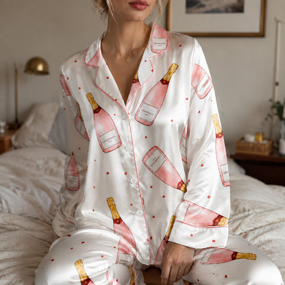 PJ-443-Pearl Satin Novelty Pajama Apparel, Elegant Alcohol Layout Short Sleeve Loungewear Sleepwear Collection Garments