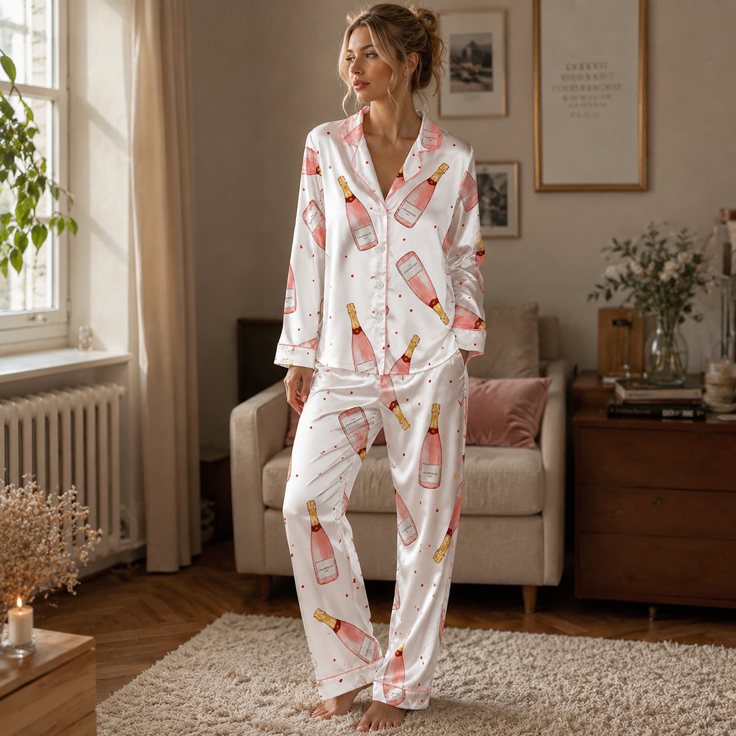 PJ-443-Pearl Satin Novelty Pajama Apparel, Elegant Alcohol Layout Short Sleeve Loungewear Sleepwear Collection Garments