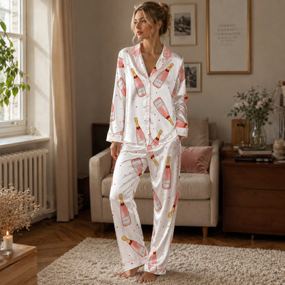 PJ-443-Pearl Satin Novelty Pajama Apparel, Elegant Alcohol Layout Short Sleeve Loungewear Sleepwear Collection Garments