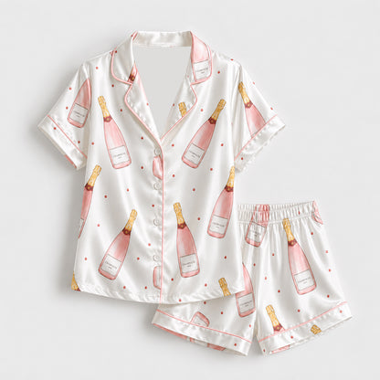 PJ-443-Pearl Satin Novelty Pajama Apparel, Elegant Alcohol Layout Short Sleeve Loungewear Sleepwear Collection Garments