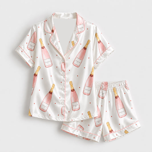 PJ-443-Pearl Satin Novelty Pajama Apparel, Elegant Alcohol Layout Short Sleeve Loungewear Sleepwear Collection Garments