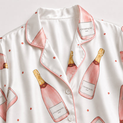 PJ-443-Pearl Satin Novelty Pajama Apparel, Elegant Alcohol Layout Short Sleeve Loungewear Sleepwear Collection Garments