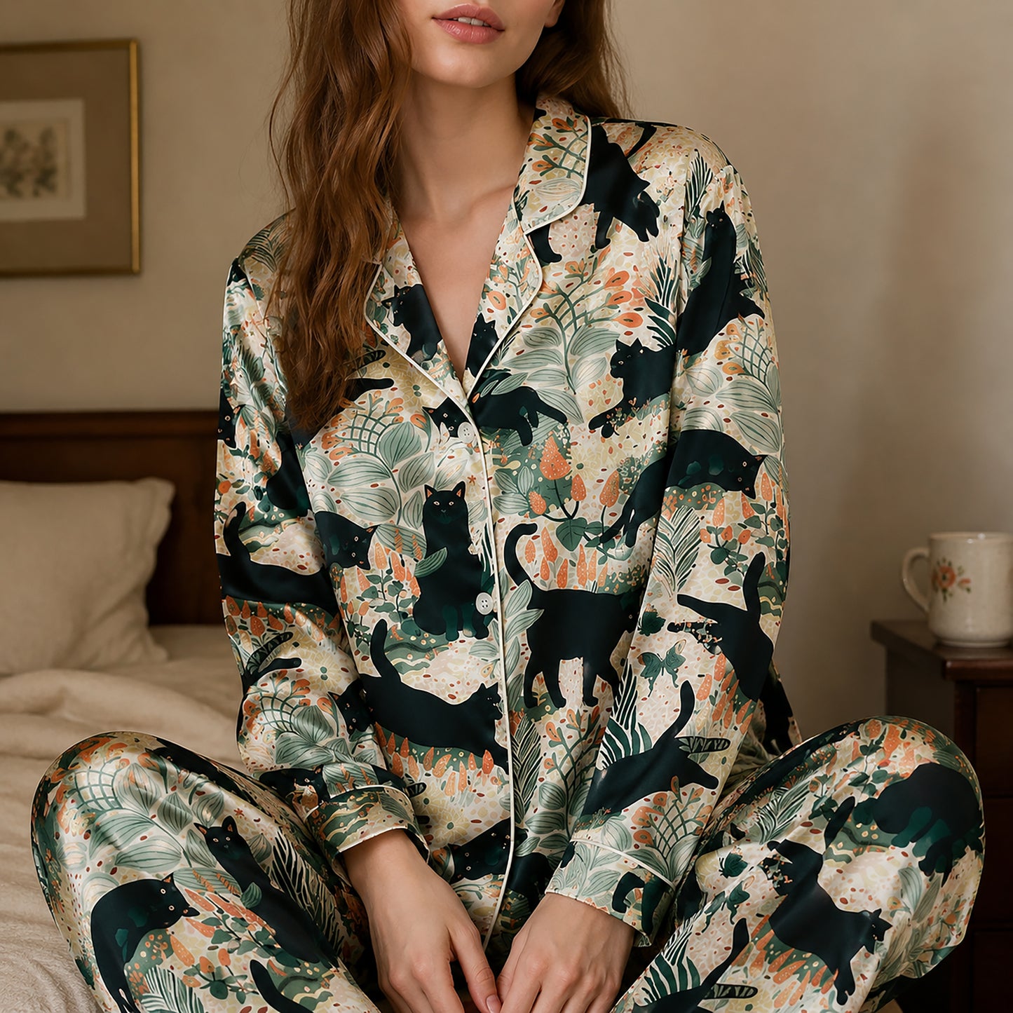 PJ-444-Creamy Poly Garden Pajama Apparel, Sweet Butterfly Printed Short Sleeve Loungewear Sleepwear Collection Attire