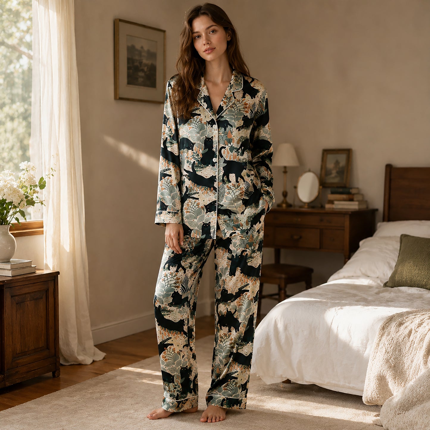 PJ-444-Creamy Poly Garden Pajama Apparel, Sweet Butterfly Printed Short Sleeve Loungewear Sleepwear Collection Attire