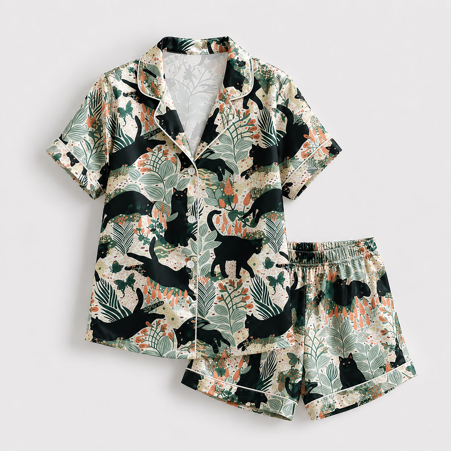 PJ-444-Creamy Poly Garden Pajama Apparel, Sweet Butterfly Printed Short Sleeve Loungewear Sleepwear Collection Attire