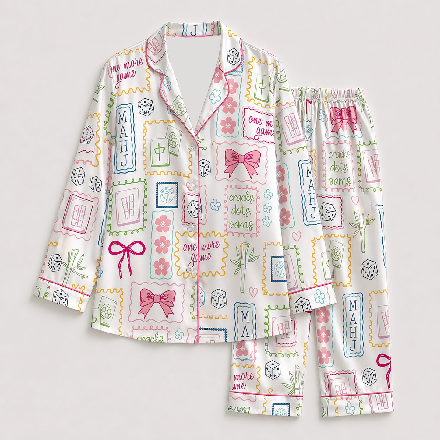 PJ-445-Vibrant Mahjong Tile And Ribbon Graphic White Satin Sleepwear Coquette Match Lounge Pajama Set