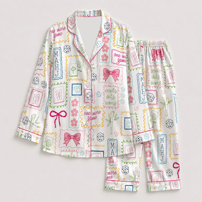 PJ-445-Vibrant Mahjong Tile And Ribbon Graphic White Satin Sleepwear Coquette Match Lounge Pajama Set
